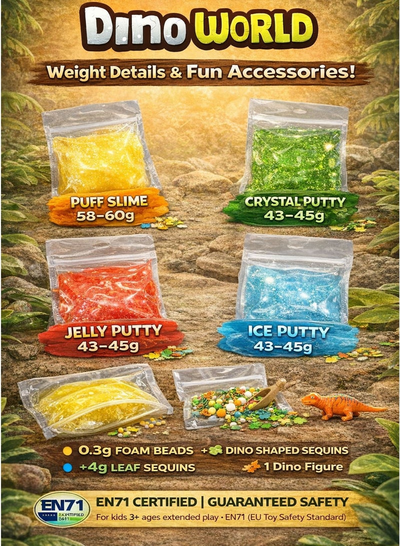 Greateam Dino World Fun Dinosaurs Slime Set for Kids 3+ Years 4 Texture DIY Slime Kit with 58-60G Yellow Puff Slime 43-45G Green Crystal Putty 43-45G Blue Ice Putty 43-45G Red Jelly Putty Mix & Create Sensory Stretchy Slime with Foam Beads Dino Shape Sequins Leaf Accessories & 1 Dinosaur Figure EN71 Certified Non-Toxic EU Toy Safety Standard Educational Learning Toy Gift for Boys & Girls Extended Play Blister Pack - Image 3
